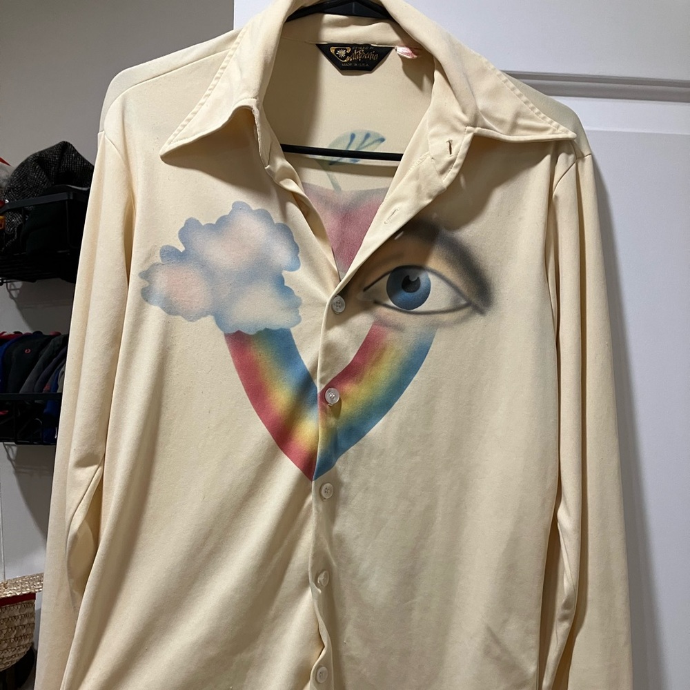 Vintage Rayon Cream Shirt with Eye and Rainbow Design